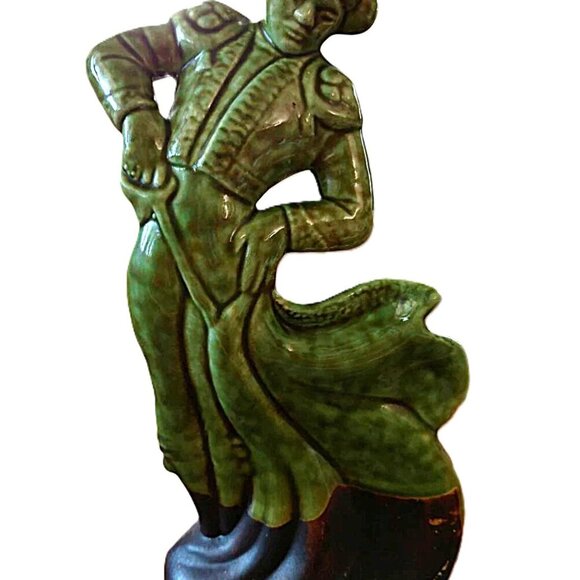 Vintage Matador Bullfighter Ceramic Figure Mid-Century Green Mottled Glaze Potte - Picture 2 of 11